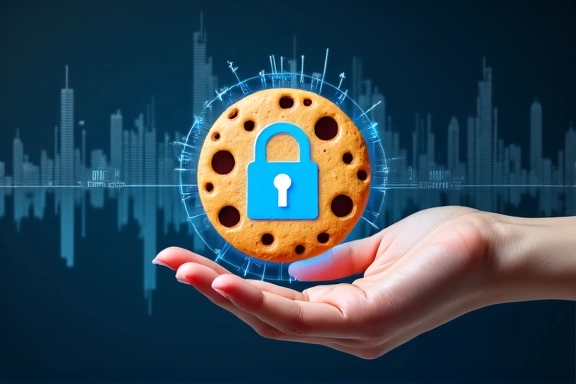 Una mano digital que sostiene una galleta digital con un icono de candado, simbolizando la seguridad de las cookies.