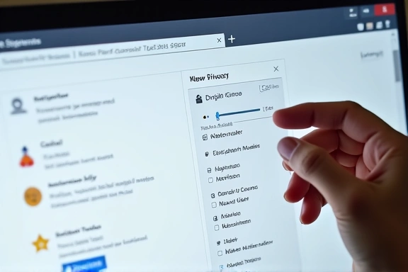 Una persona configurando las opciones de privacidad en un navegador web, con iconos de cookies y control.