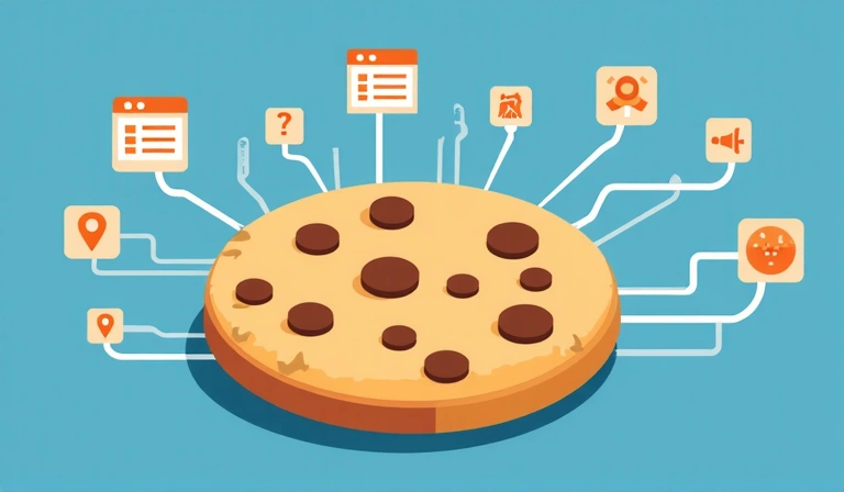 Ilustración de una galleta digital con símbolos de datos y privacidad, representando el uso de cookies en línea