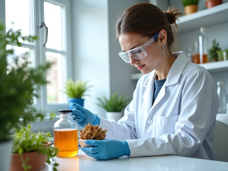 Laboratorio limpio con ingredientes naturales siendo inspeccionados